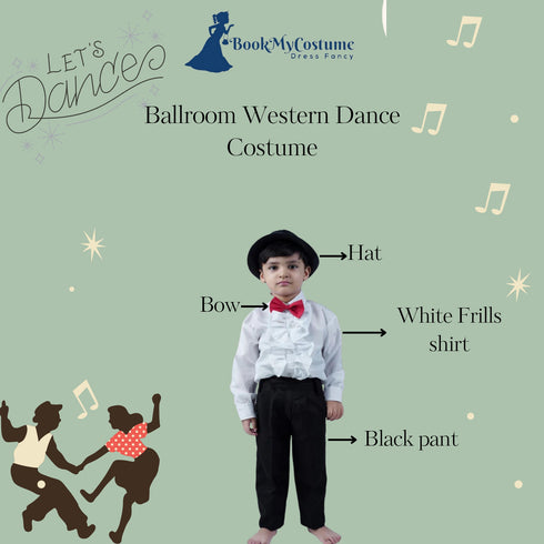 BookMyCostume Ballroom Western Dance White Frill Shirt Black Pant Hat & Bow Set Kids  Fancy Dress Costume